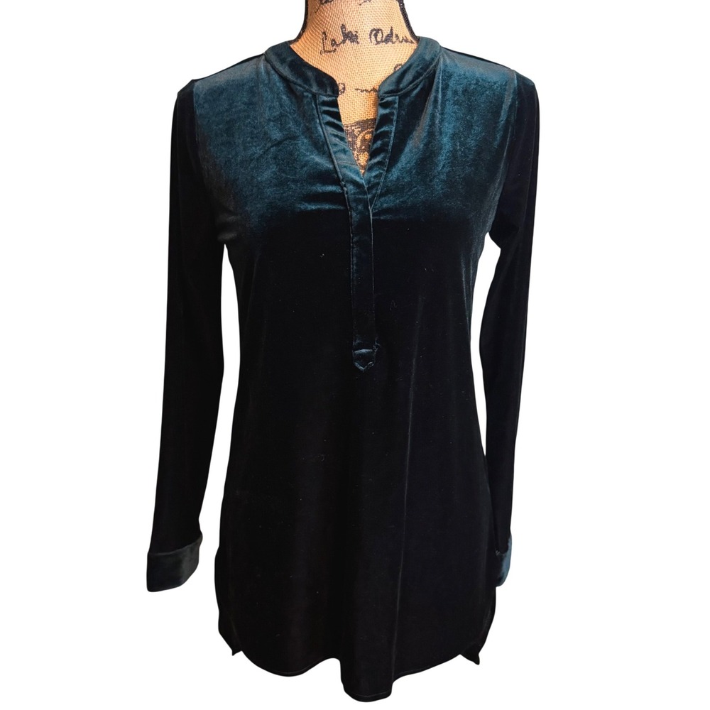 Cato Womens Dark Teal Velvet Split V-Neck Long Sleeve Tunic Top Size XS